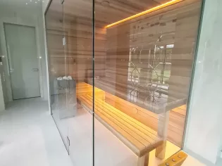 Строительство, отделка сауны со стеклянным фасадом